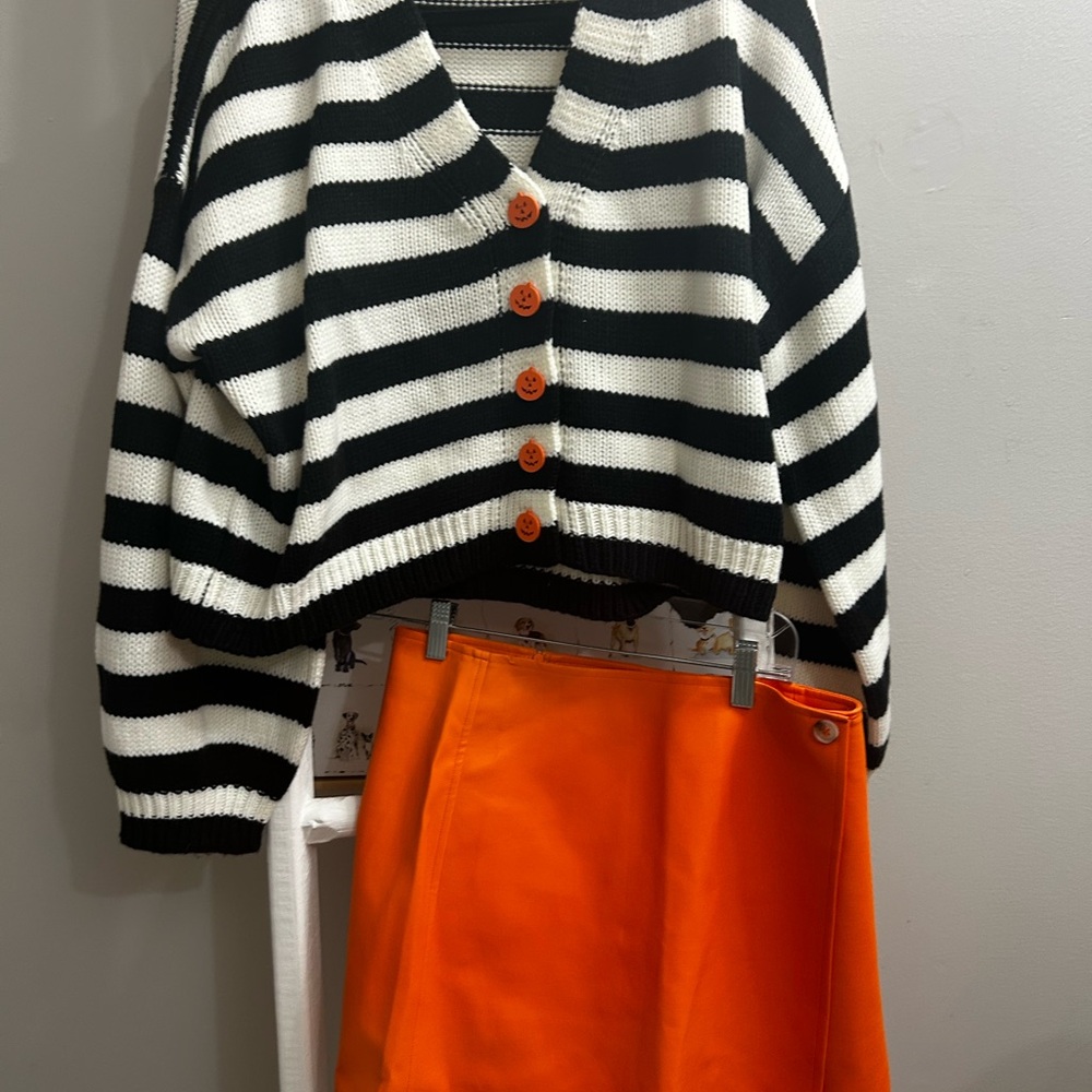 Striped Black and White Cardigan with Orange Pumpkin Buttons